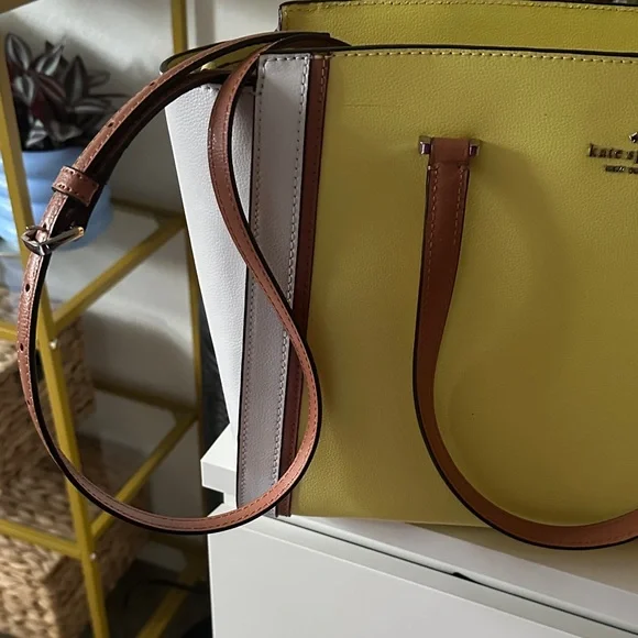 kate spade Yellow and Cream Colorblock Leather Tote with Brown Handles - Picture 3 of 4